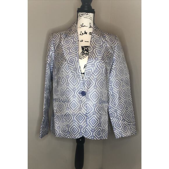 NEW Appleseeds Blazer Womens‎ 10 Blue White Suit Jacket Geometric Woven - Picture 1 of 10